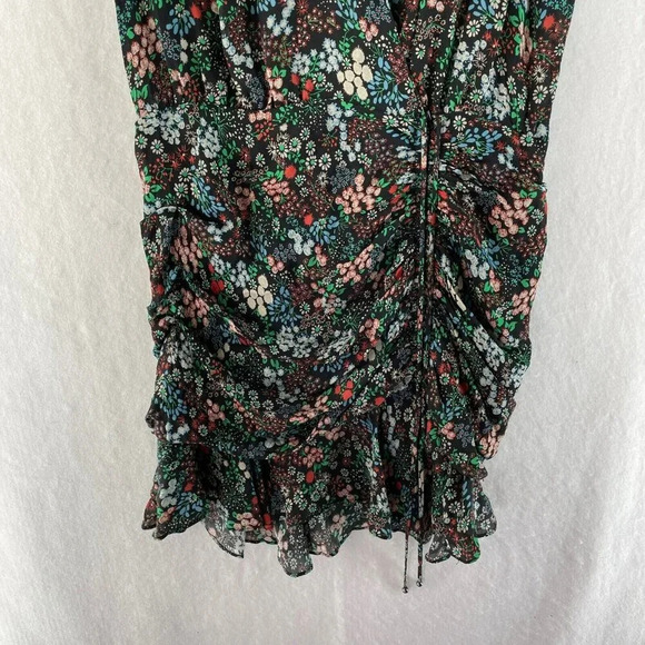 Veronica Beard Fountain Dress 8 Black Blue Ruched Short Sleeve Ruffles 100% Silk - Picture 7 of 10